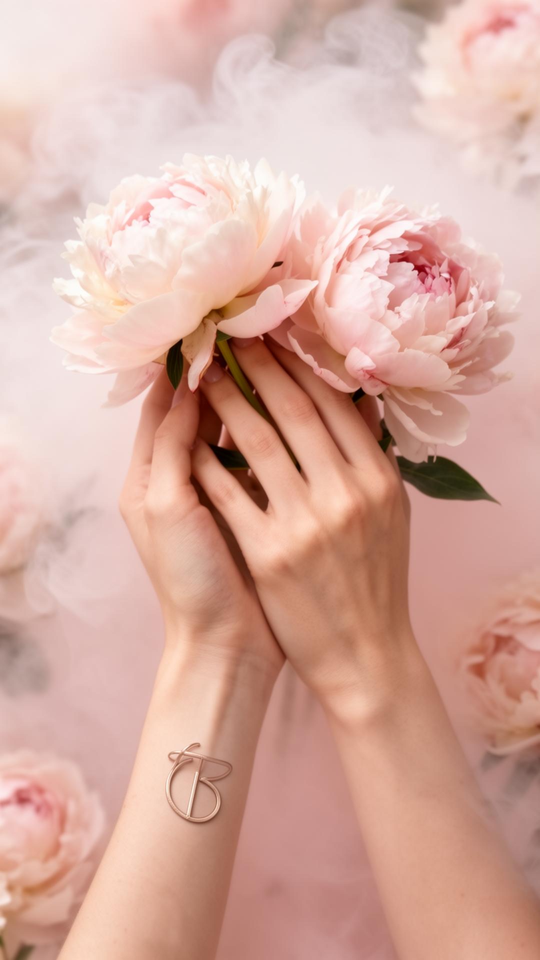 Mains tenant des pivoines roses dans une ambiance fleurie
