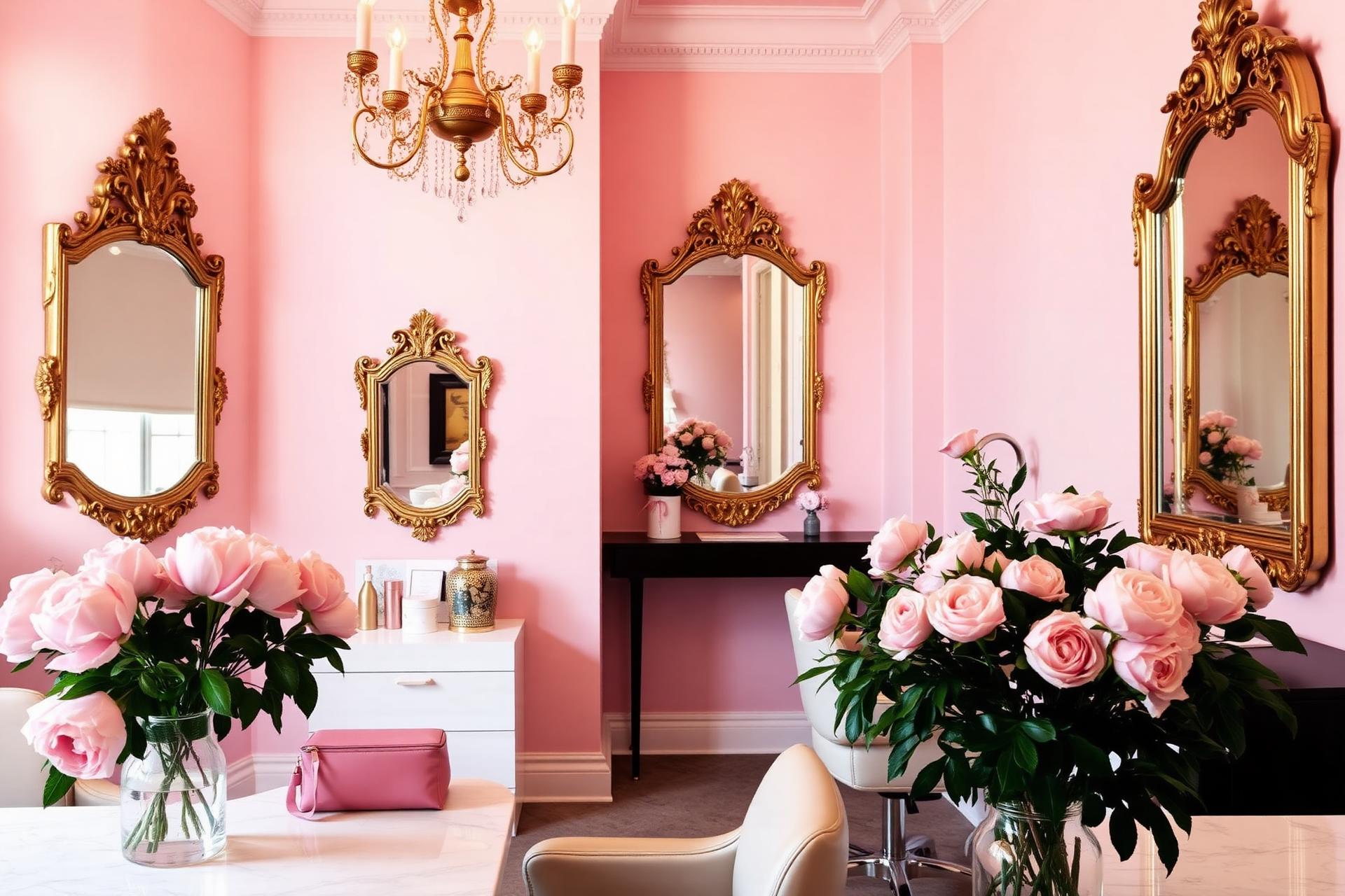 Intérieur du salon Bulle de Douceur, miroirs dorés et roses